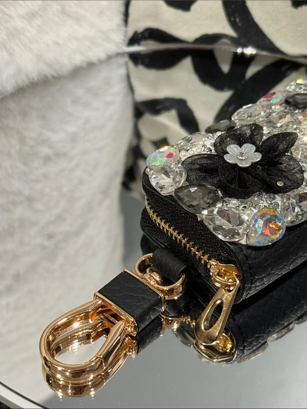 Embellished Black Crystal Flower Mini Crossbody Bag